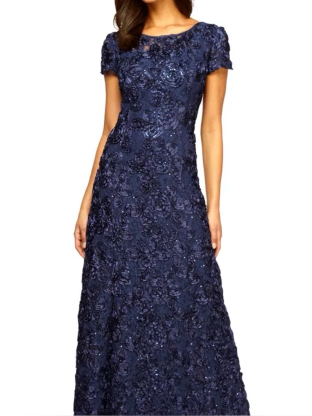 Alex Evenings Navy Rosette Formal A-Line Gown Mother of the Bride Dress